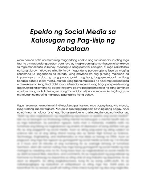 Epekto Ng Social Media Sa Kabataan, Ayon Sa Pag .